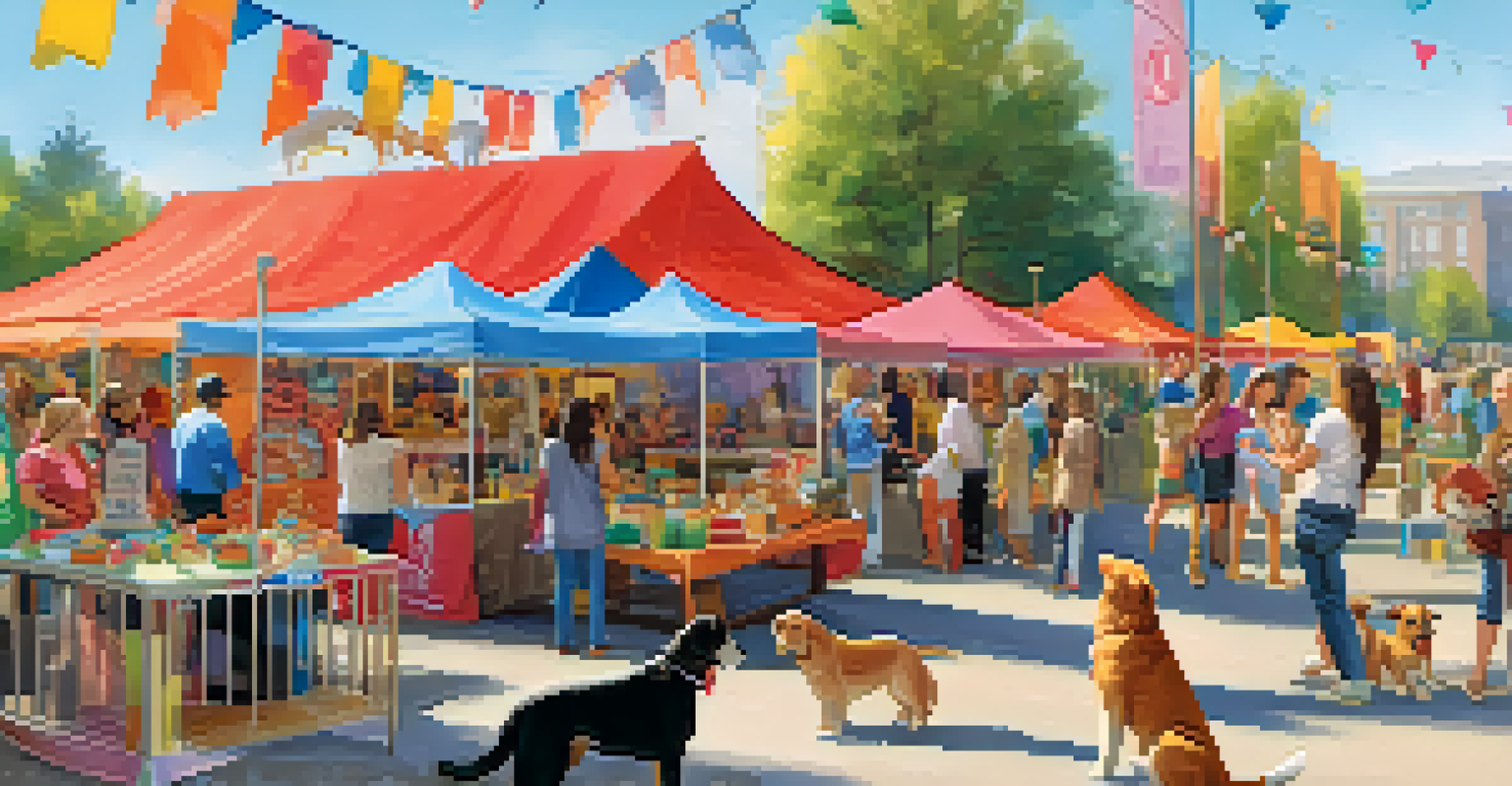 A bustling pet adoption fair with families meeting various animals and enjoying activities, surrounded by colorful vendor booths and cheerful decorations.