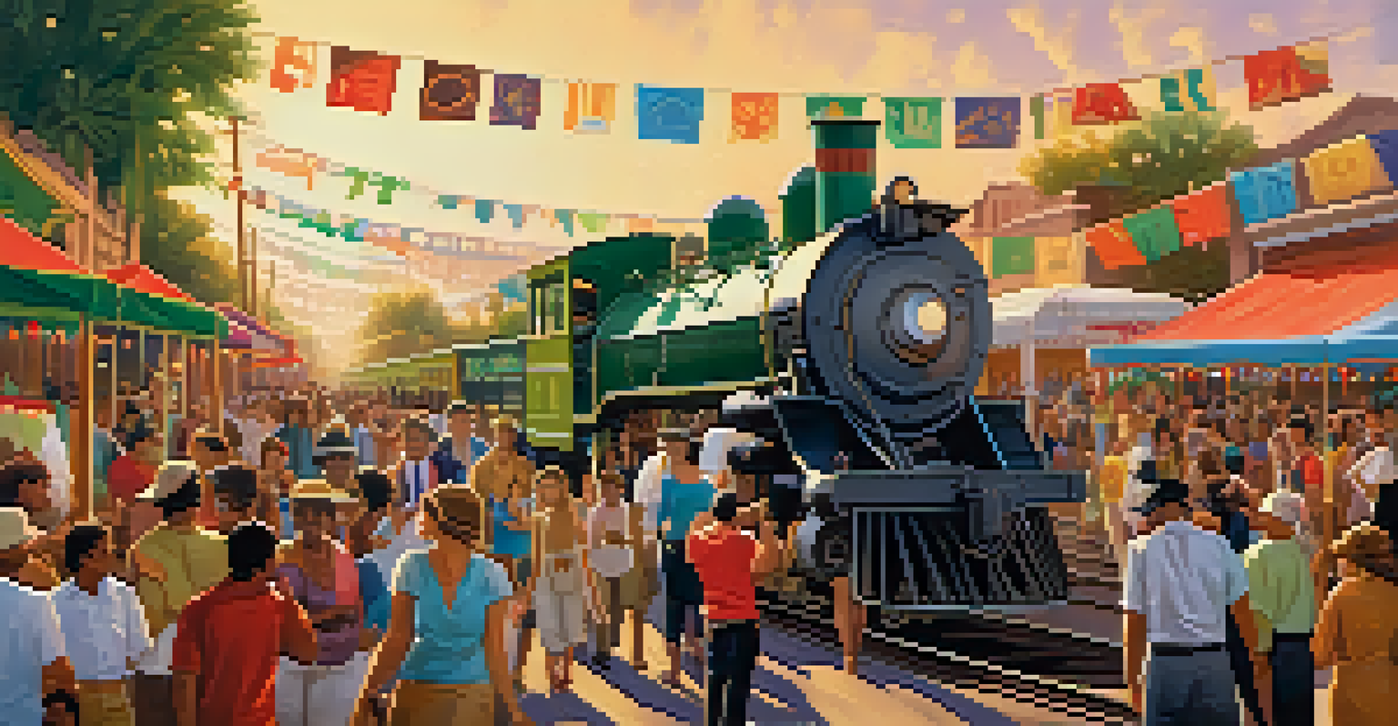A vibrant cultural festival in Phoenix with diverse people celebrating around a vintage train.