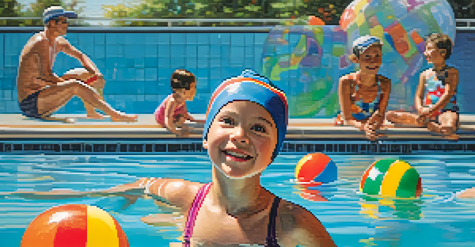 A swimming lesson in a public pool with a child learning to float under the guidance of a friendly instructor.