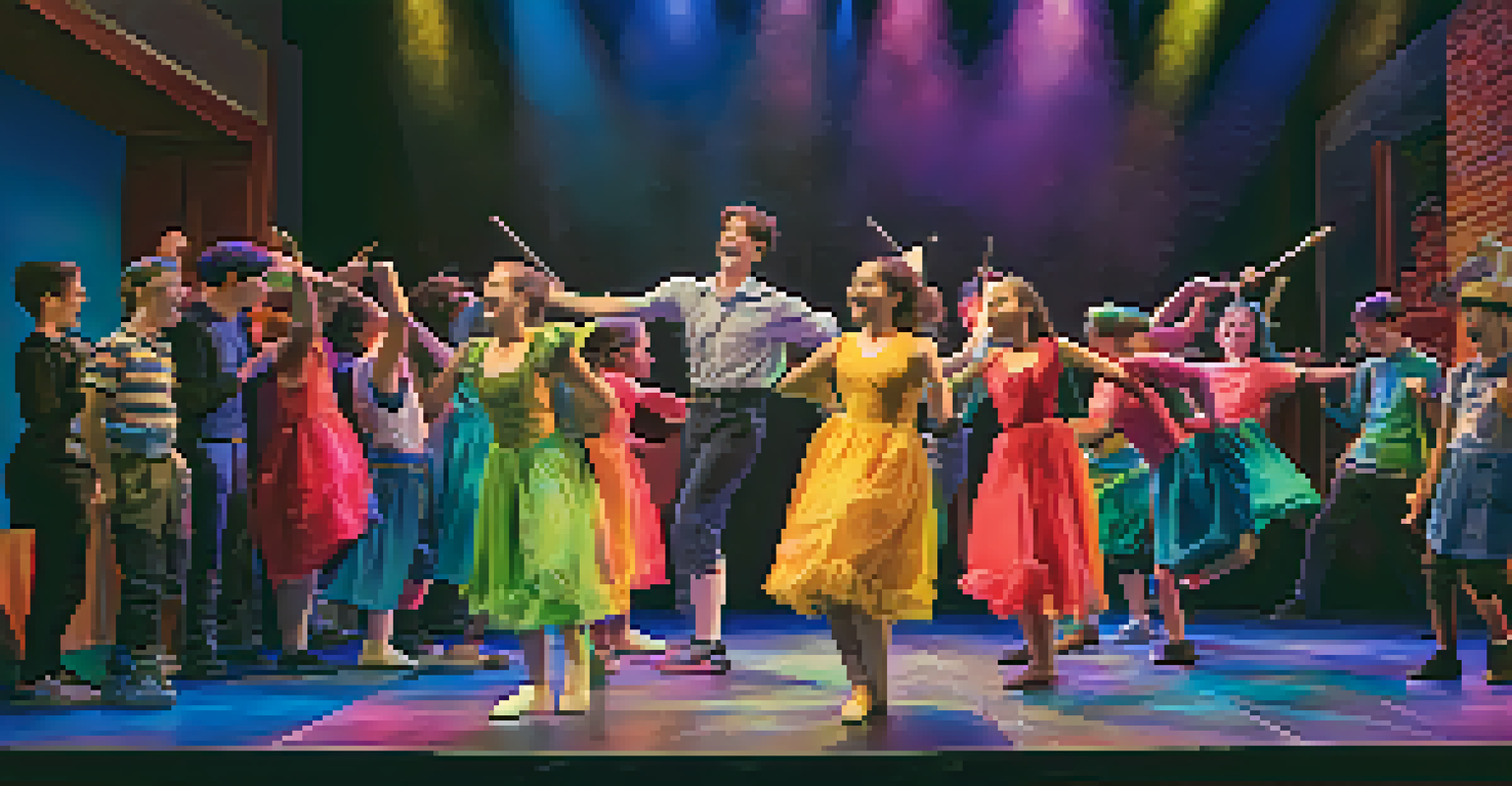 Young performers rehearsing a musical at the Valley Youth Theatre, with colorful props and enthusiastic expressions.