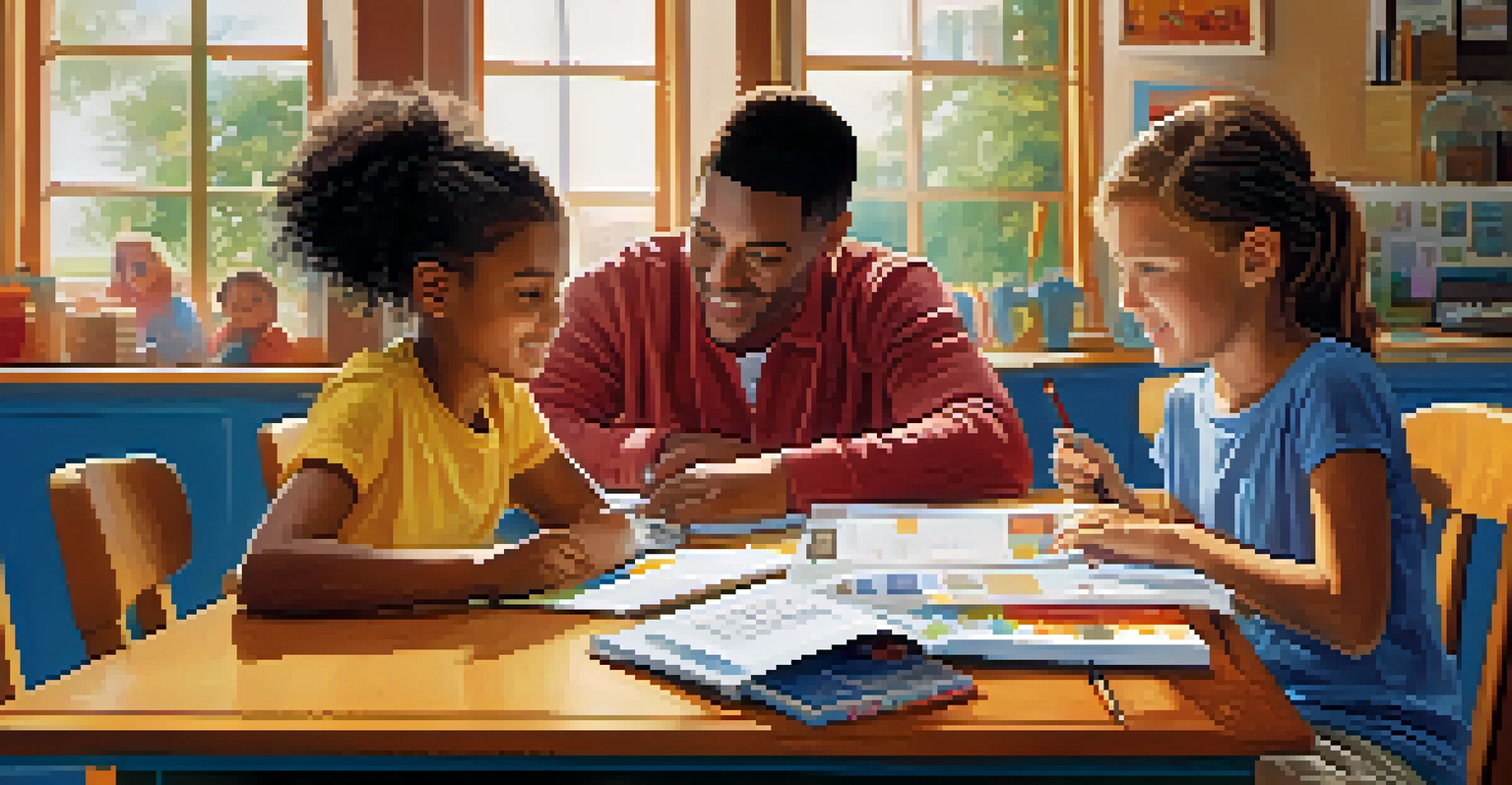 A parent and child at a dining table, discussing a school brochure with educational materials and a laptop open, in a warm and inviting setting.