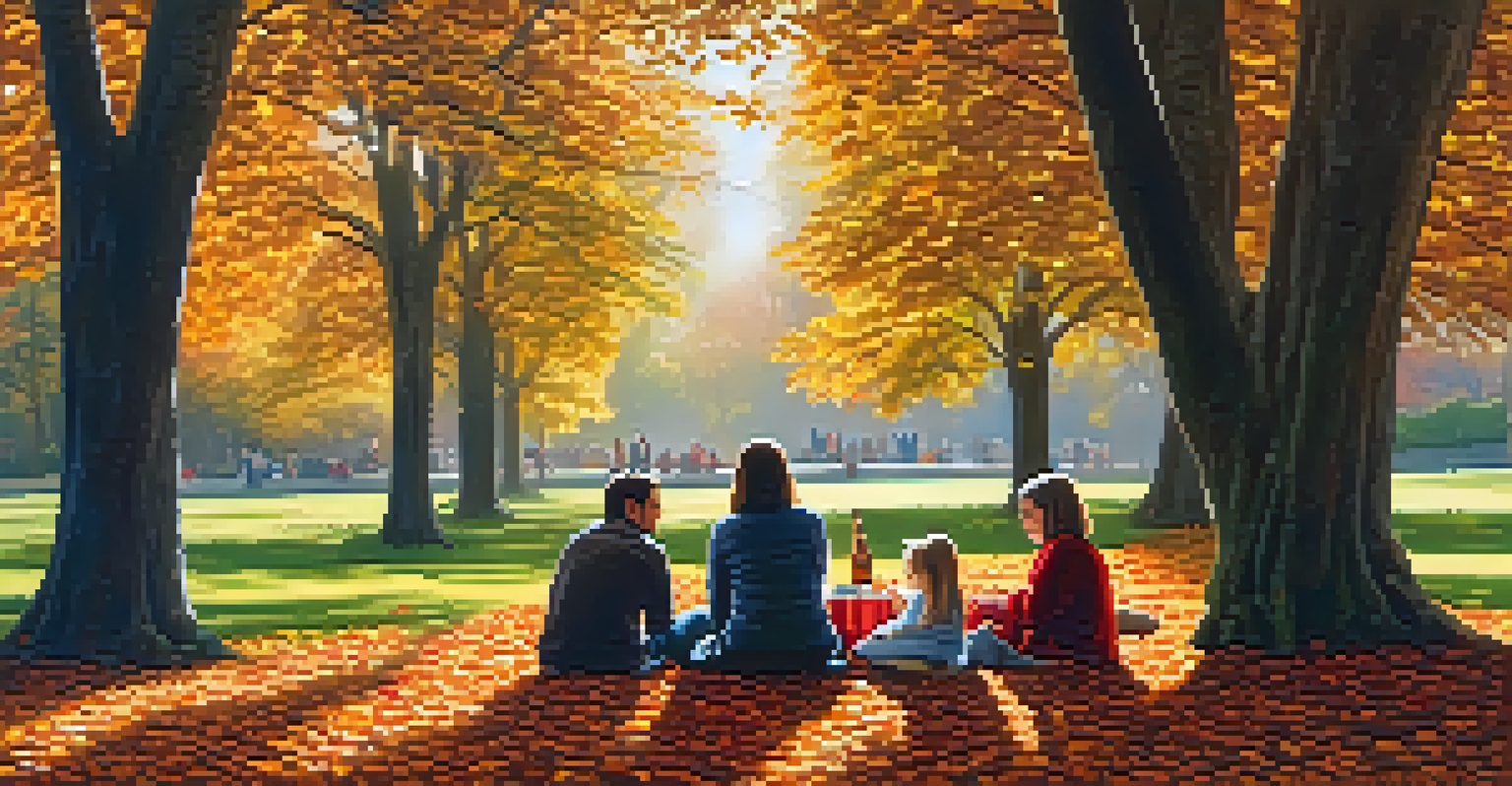 An autumn picnic scene in the botanical gardens with colorful foliage and a family enjoying their time together.