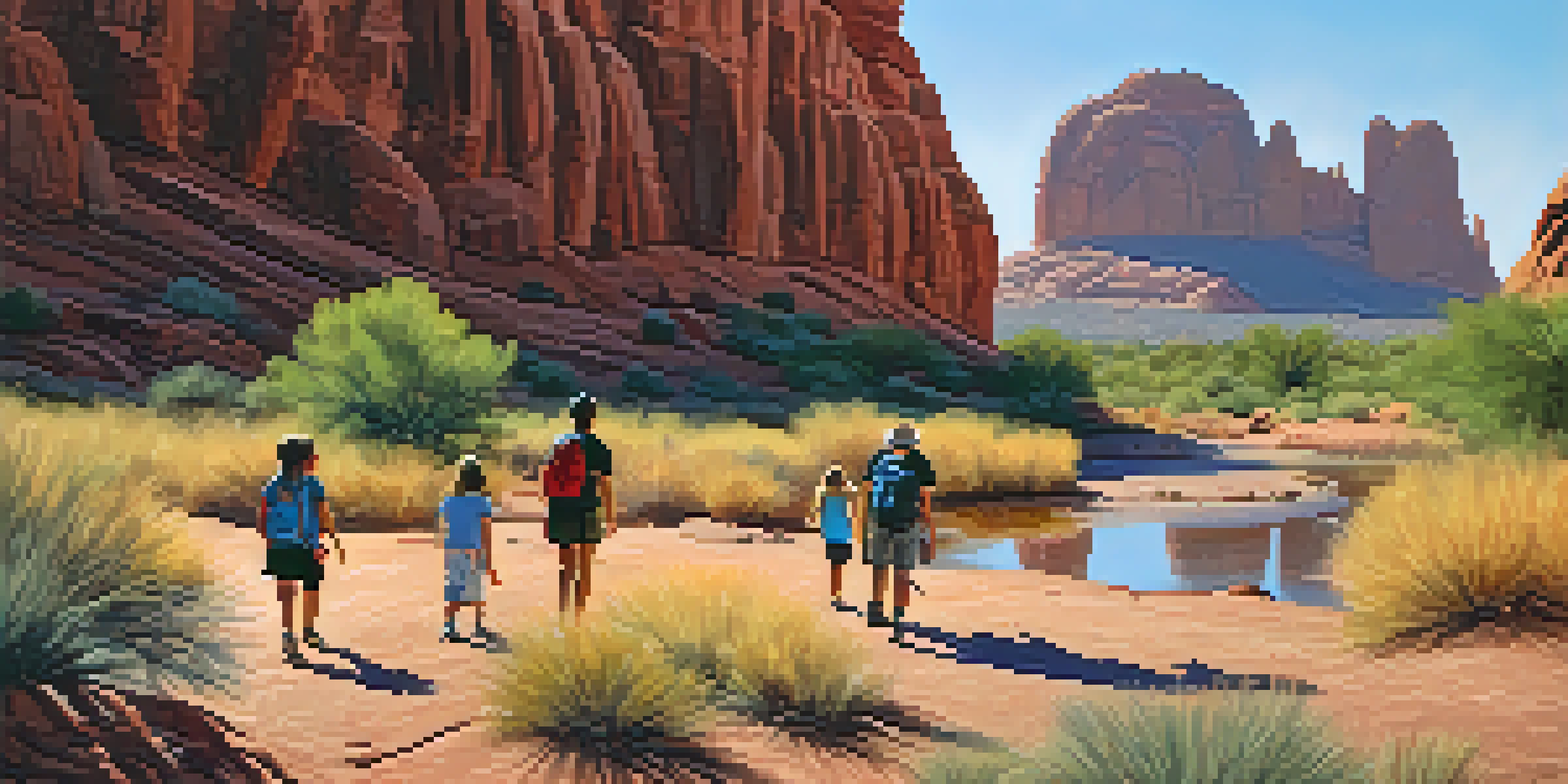 A family enjoys a hike in Papago Park, with the Hole-in-the-Rock formation behind them, surrounded by desert plants and bright blue sky.