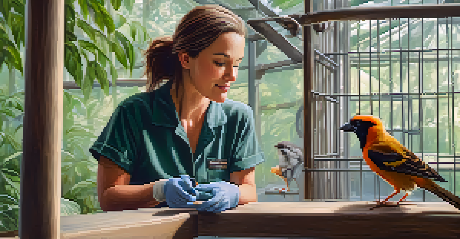 A volunteer at a wildlife rehabilitation center feeding a small injured bird, surrounded by green foliage.