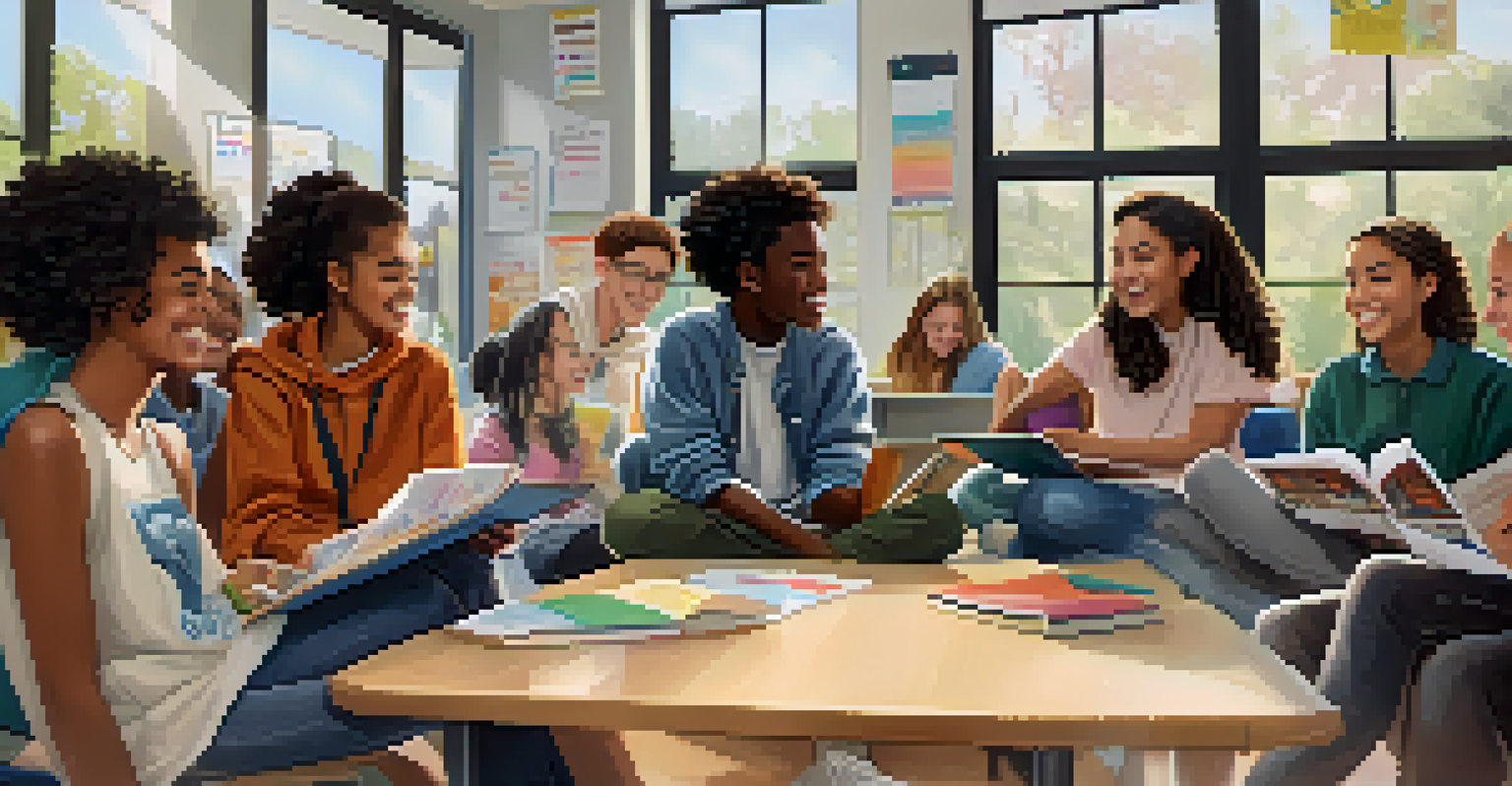 A diverse group of high school students sharing their college experiences in a modern classroom setting.