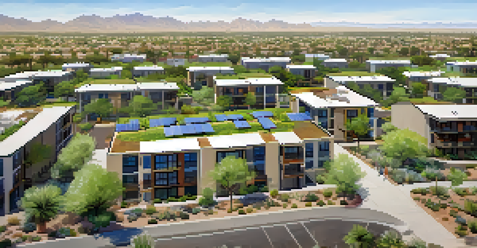 Aerial view of a sustainable real estate development in Phoenix with eco-friendly homes and green spaces.