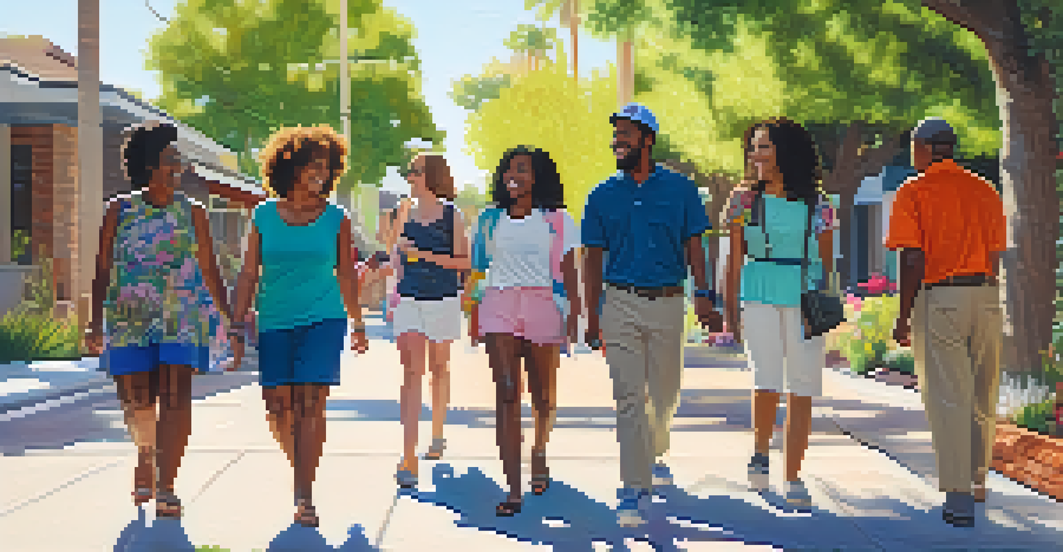 A diverse group of people happily walking together in a green Phoenix neighborhood under sunlight.