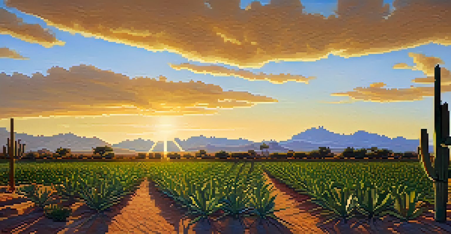 A desert garden in Phoenix featuring traditional crops like corn, beans, and squash, bathed in the warm light of sunset.