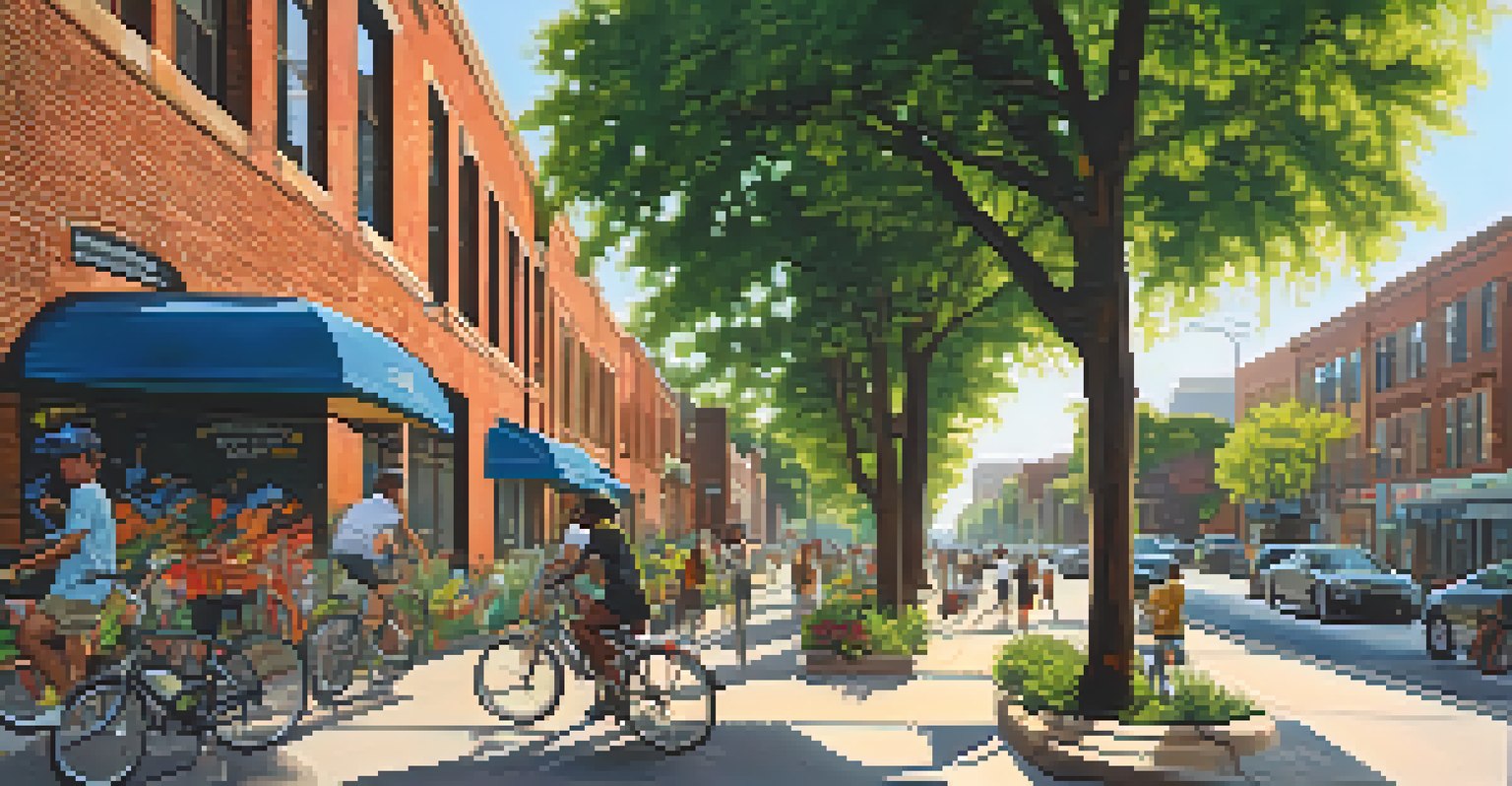 Colorful street art and murals in Roosevelt Row, with people walking and cycling on a sunny day.