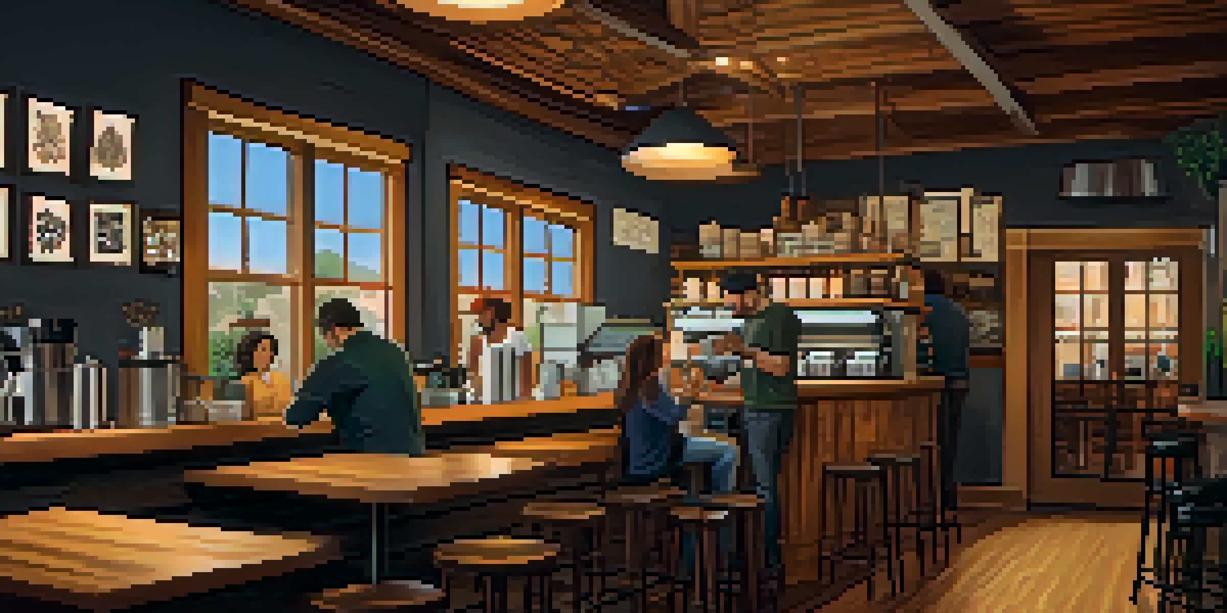 A warm and inviting interior of a craft coffee shop in Phoenix, with wooden furniture, ambient lighting, and a barista pouring latte art.