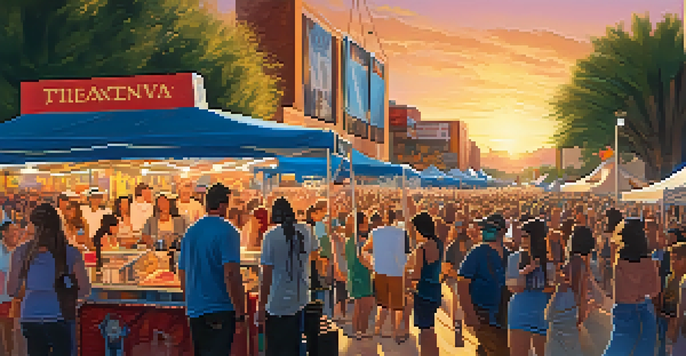 A lively outdoor music festival in Phoenix with a diverse crowd, musicians performing on stage, colorful banners, food stalls, and a sunset sky.