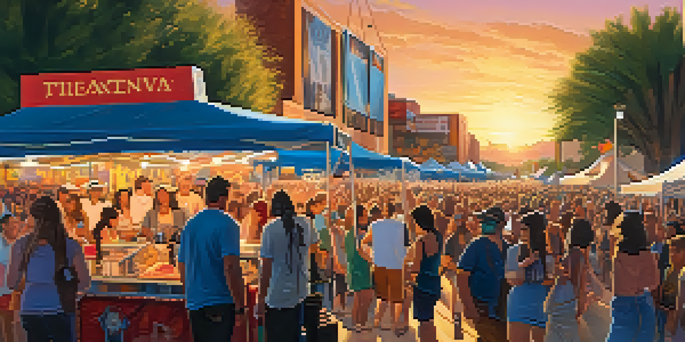 A lively outdoor music festival in Phoenix with a diverse crowd, musicians performing on stage, colorful banners, food stalls, and a sunset sky.