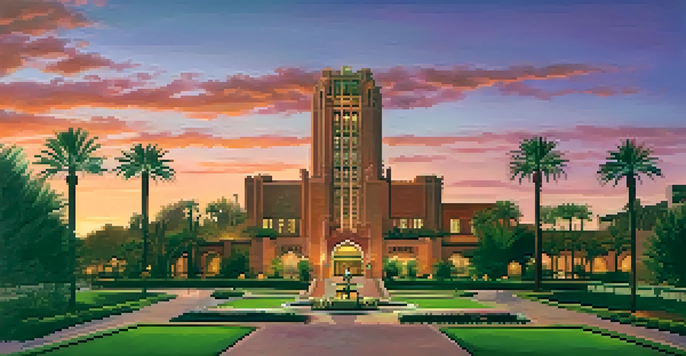 A scenic view of Phoenix at sunset with the Arizona Biltmore Hotel in the foreground, surrounded by palm trees and a cobblestone pathway.