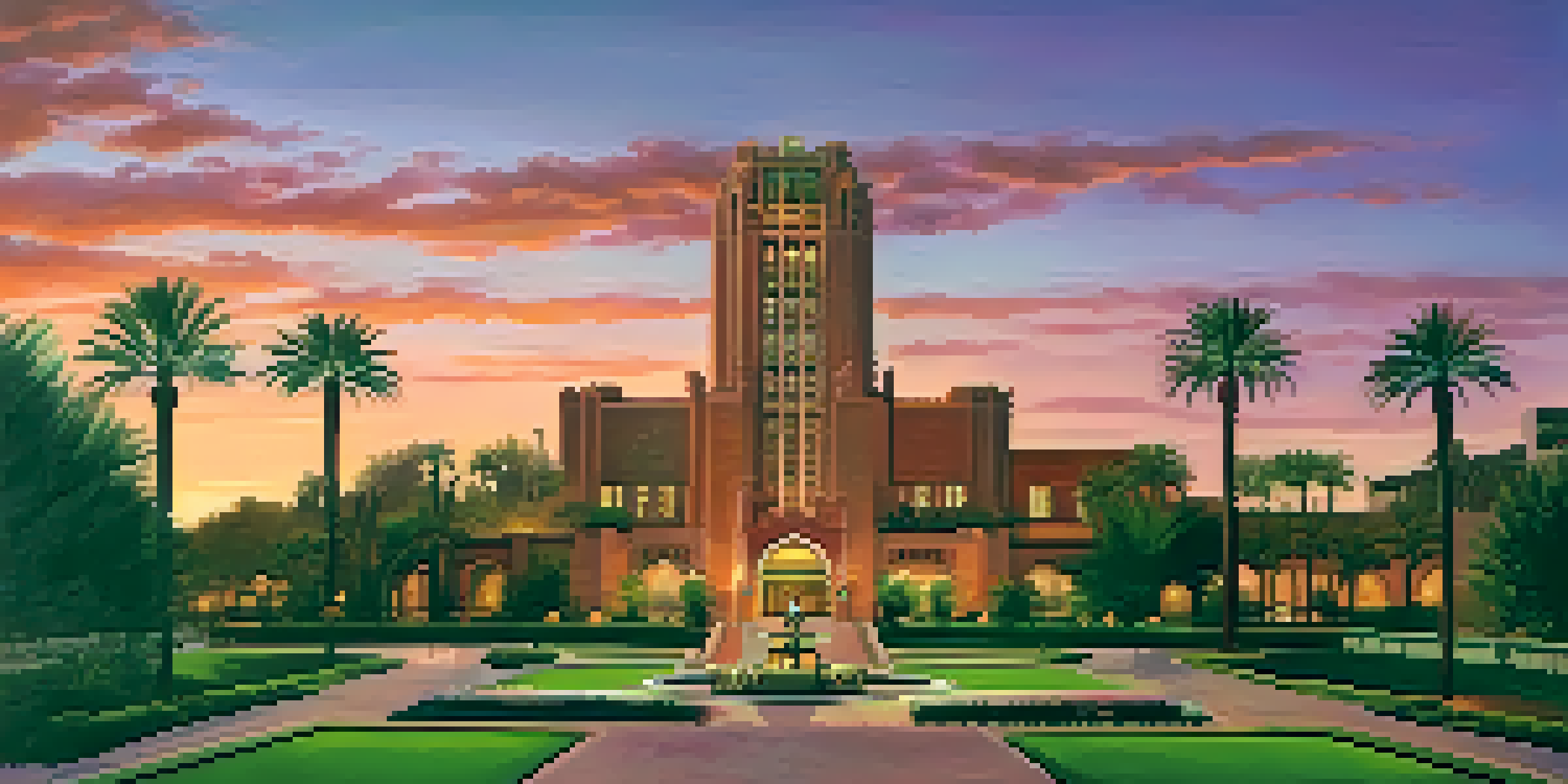 A scenic view of Phoenix at sunset with the Arizona Biltmore Hotel in the foreground, surrounded by palm trees and a cobblestone pathway.