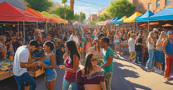 A lively street festival in Phoenix with diverse musicians, colorful decorations, and a crowd enjoying the music under the warm sunlight.
