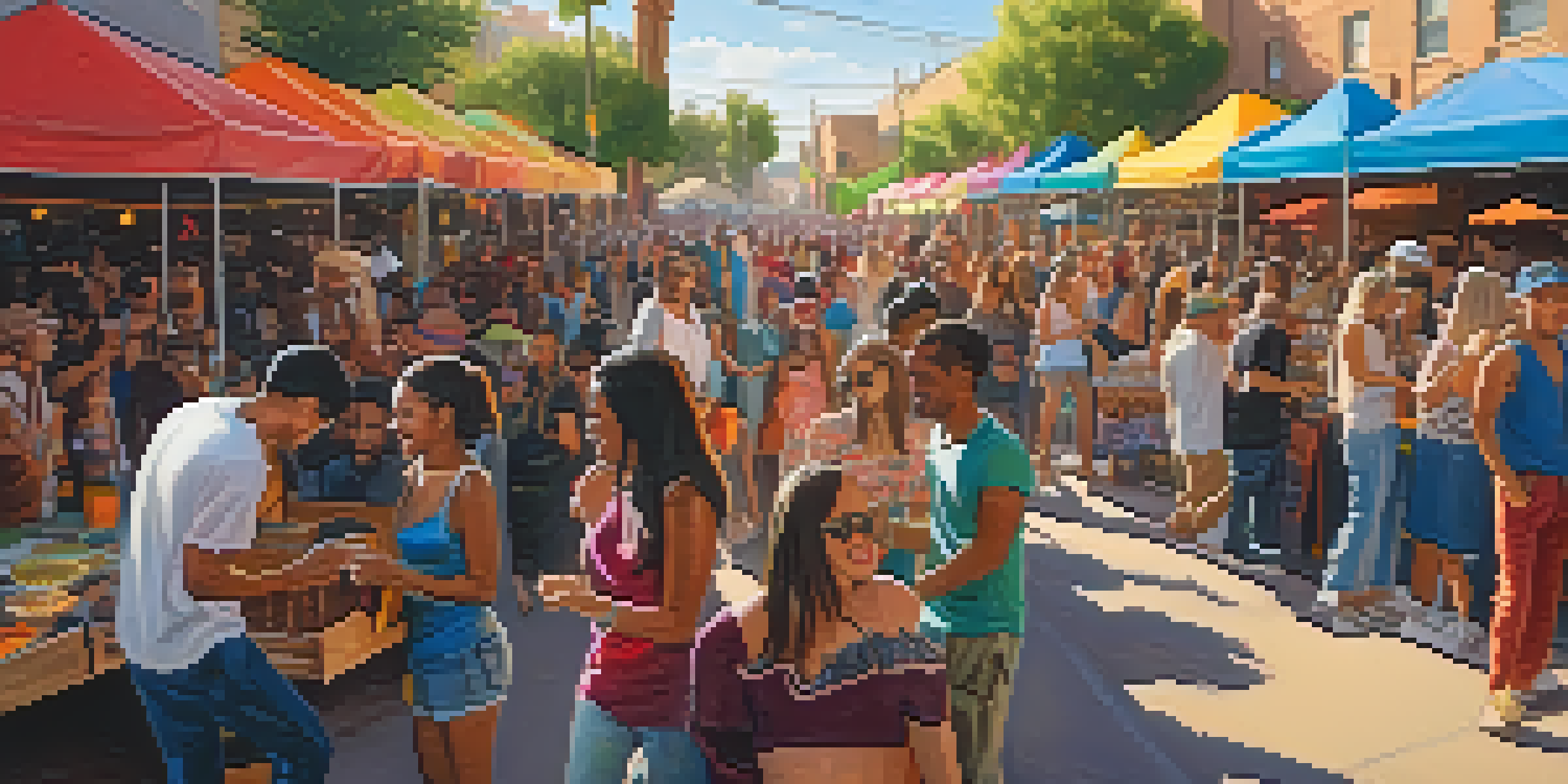 A lively street festival in Phoenix with diverse musicians, colorful decorations, and a crowd enjoying the music under the warm sunlight.