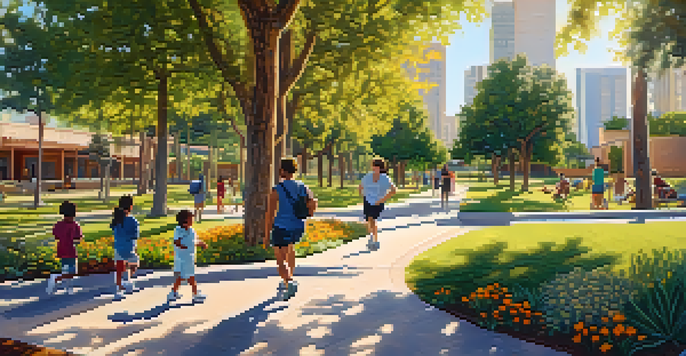 A colorful urban park in Phoenix with people enjoying various activities, surrounded by native plants and trees under sunlight.