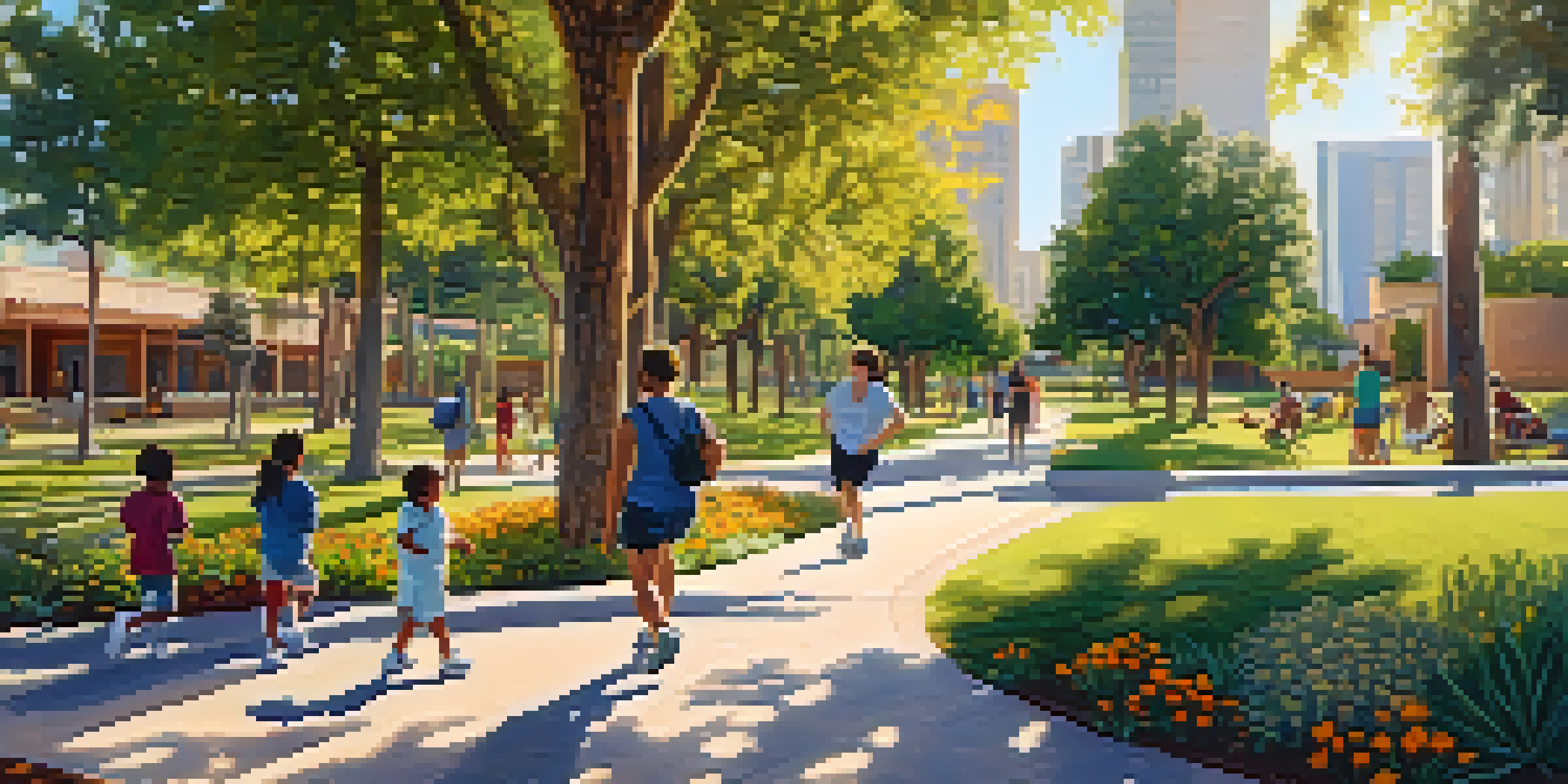 A colorful urban park in Phoenix with people enjoying various activities, surrounded by native plants and trees under sunlight.