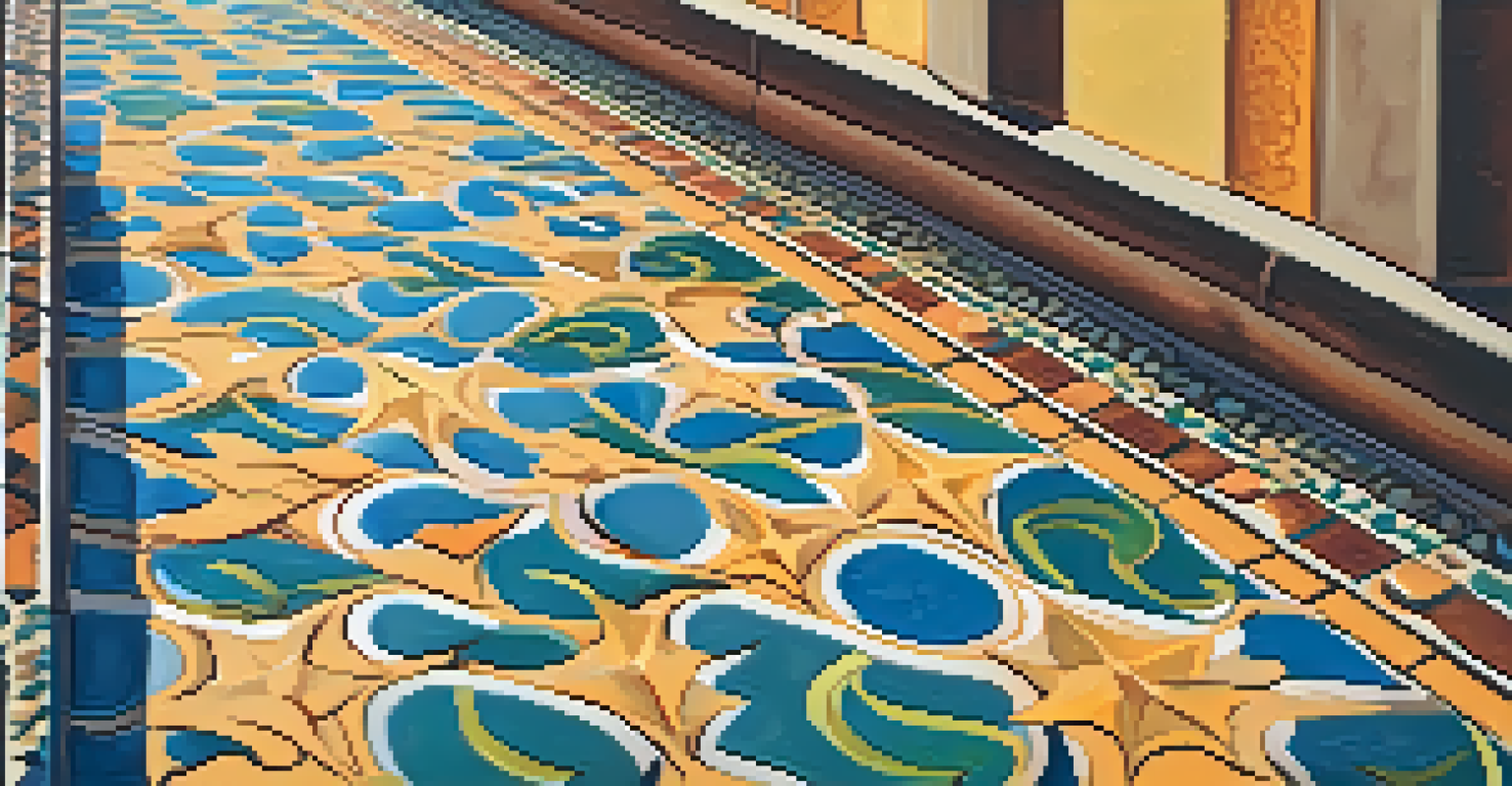 A close-up view of colorful decorative tiles with intricate patterns, set against a stucco wall, with sunlight creating shadows that enhance the textures.
