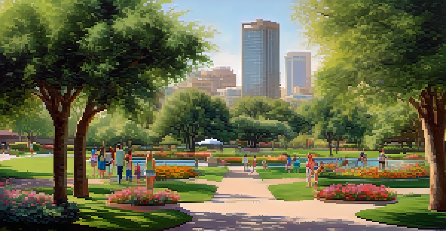 A panoramic view of a vibrant public park in Phoenix with families enjoying outdoor activities amidst lush greenery and the city skyline in the background.