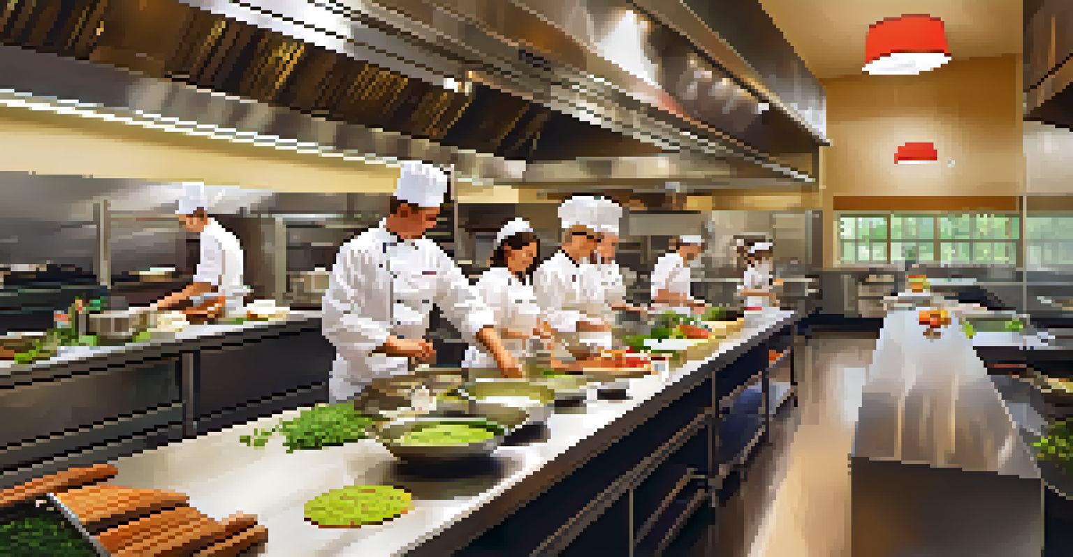 Students in chef uniforms cooking in a modern culinary arts classroom, surrounded by fresh ingredients and kitchen equipment.