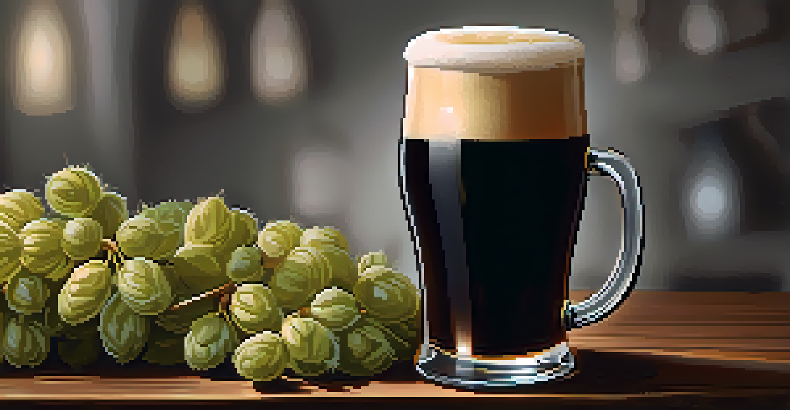 A close-up of a stout beer in a glass on a wooden bar top, with malt grains and hops nearby, illuminated by soft lighting.