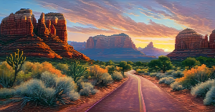 A scenic sunset view of Sedona's red rock formations with a winding road and desert flora.