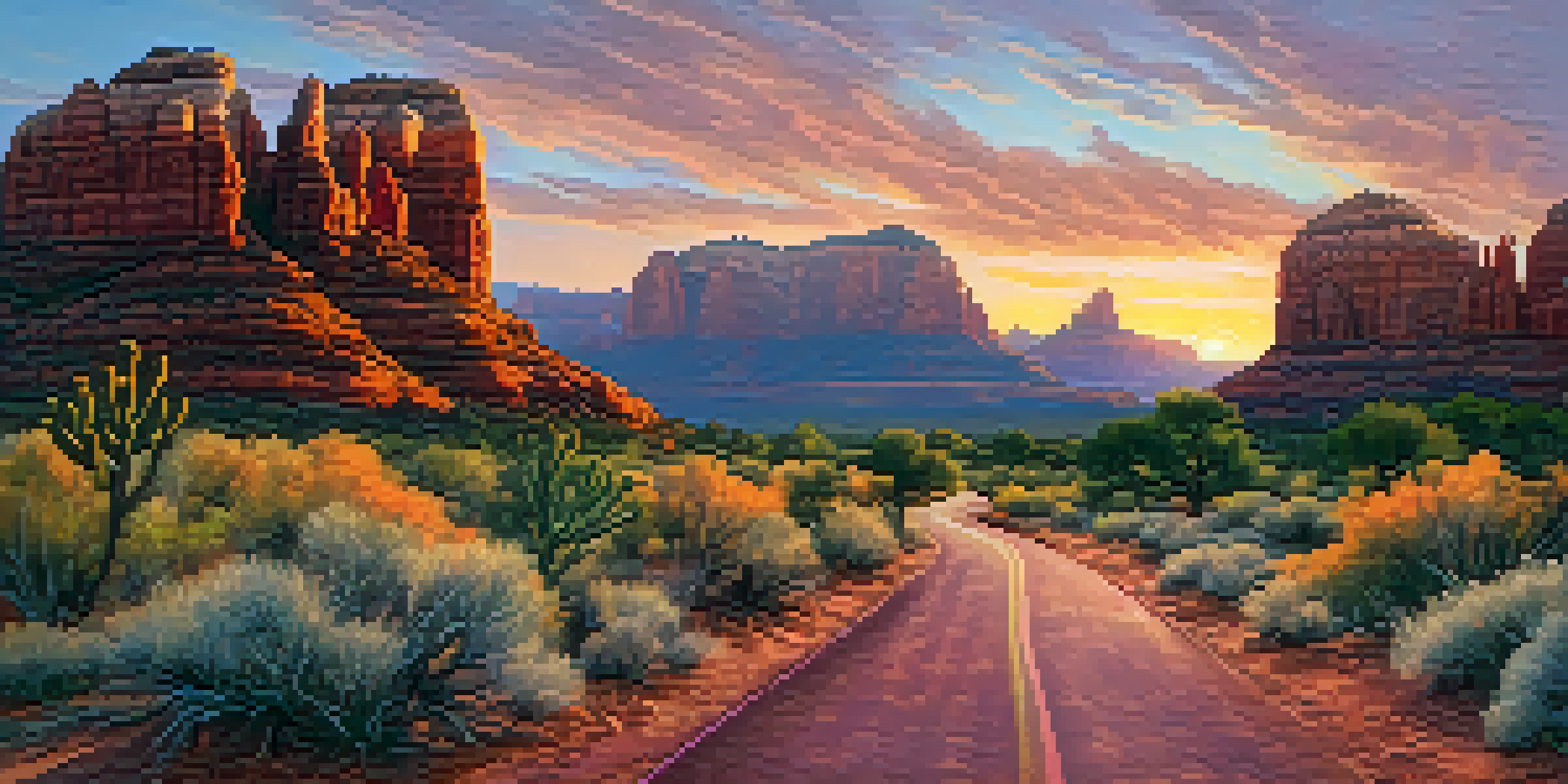 A scenic sunset view of Sedona's red rock formations with a winding road and desert flora.
