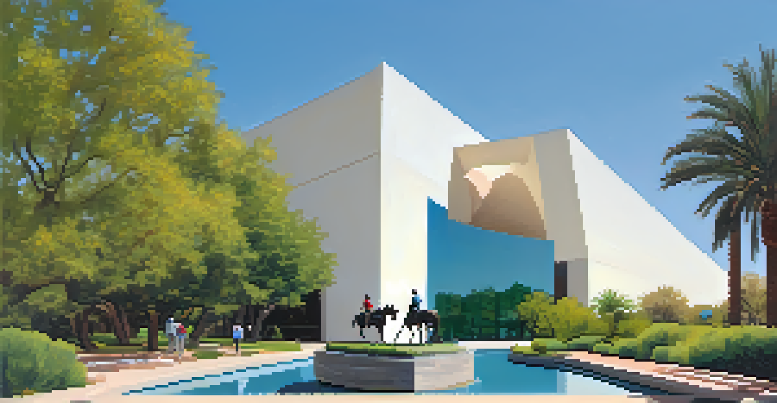 The Phoenix Art Museum with the 'Horse and Rider' bronze sculpture surrounded by greenery and visitors enjoying the art.