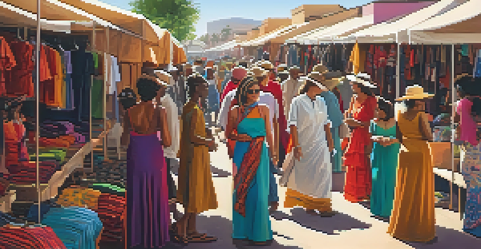 A vibrant marketplace filled with colorful stalls and shoppers engaging with local artisans in Phoenix.