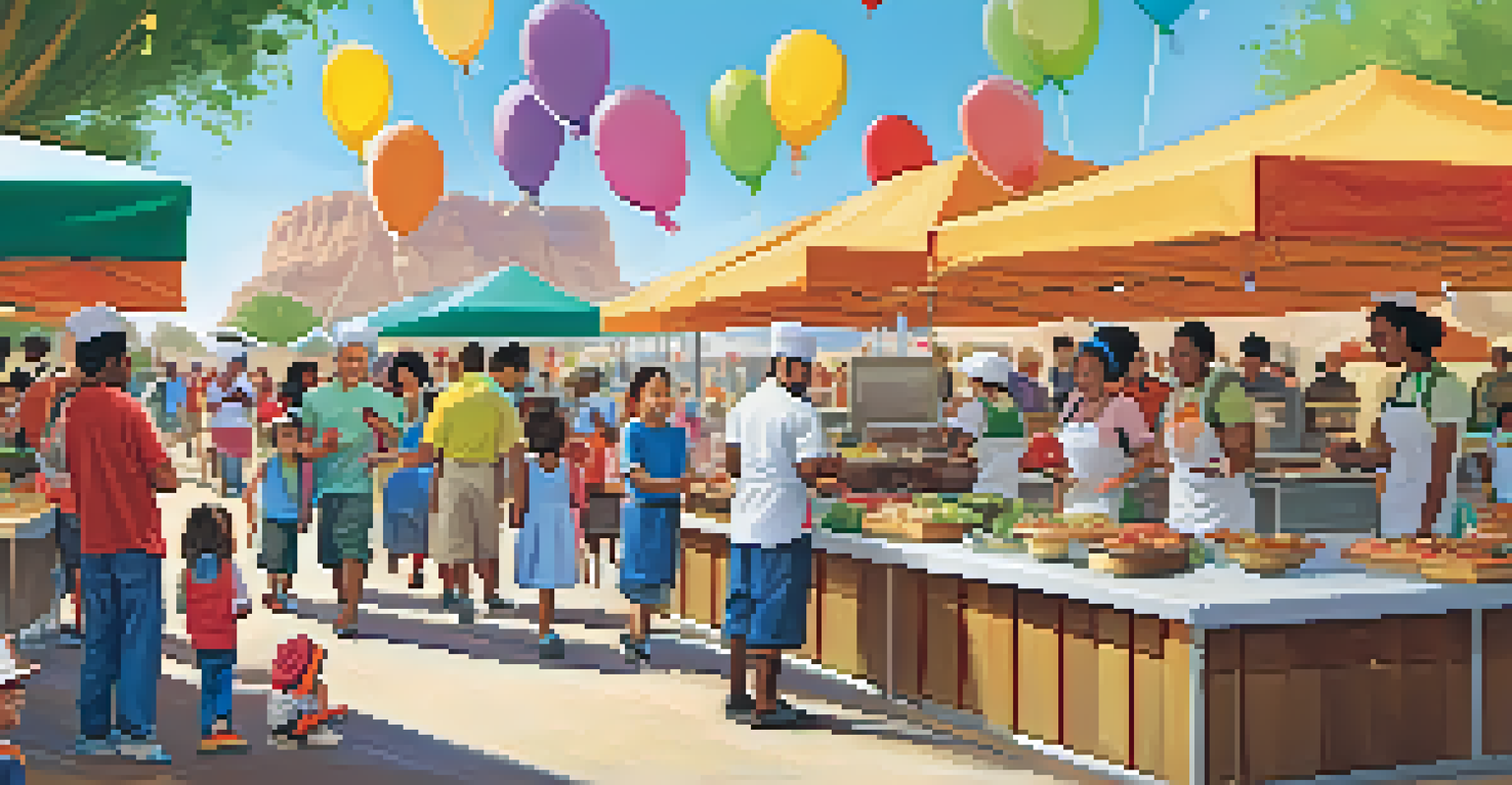 A family at a food festival with children in cooking classes and parents sampling food from various colorful stalls.