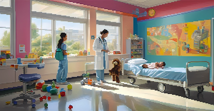 A pediatric care area in a hospital with colorful murals, a pediatrician kneeling beside a child playing with toys, and a parent looking on.