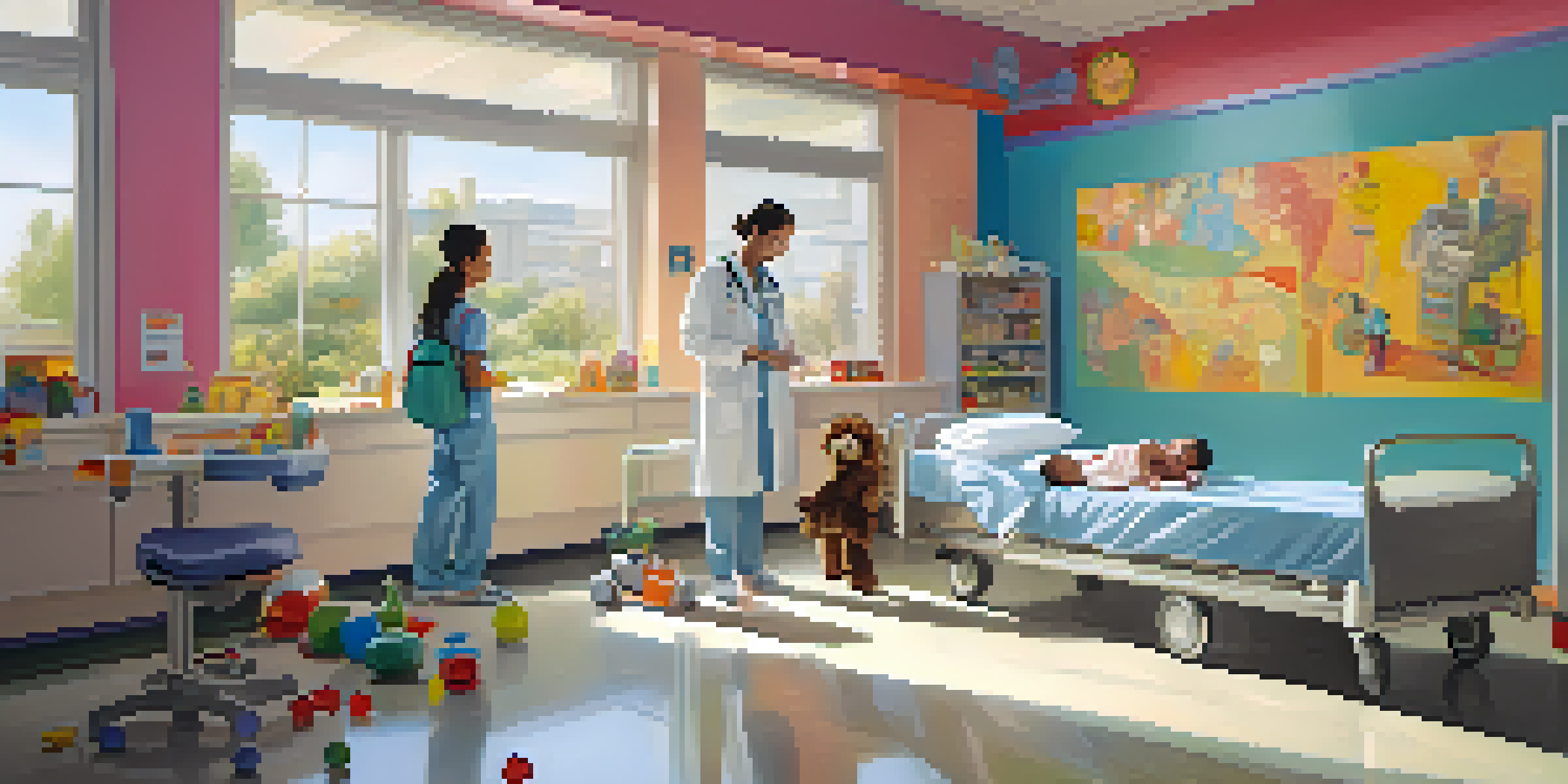 A pediatric care area in a hospital with colorful murals, a pediatrician kneeling beside a child playing with toys, and a parent looking on.