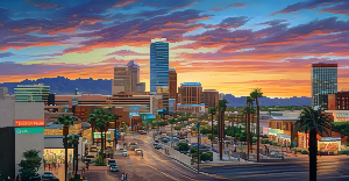 A panoramic view of Downtown Phoenix with modern buildings, palm trees, and a sunset sky, filled with people and cafes.