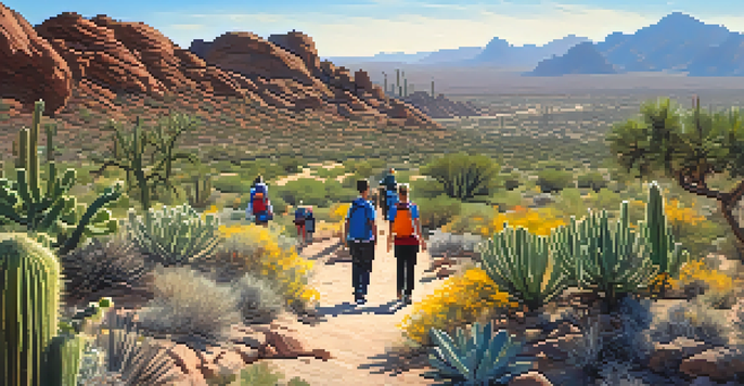 A group of diverse hikers walking on a rocky trail in Phoenix, surrounded by desert flora and under a clear blue sky.