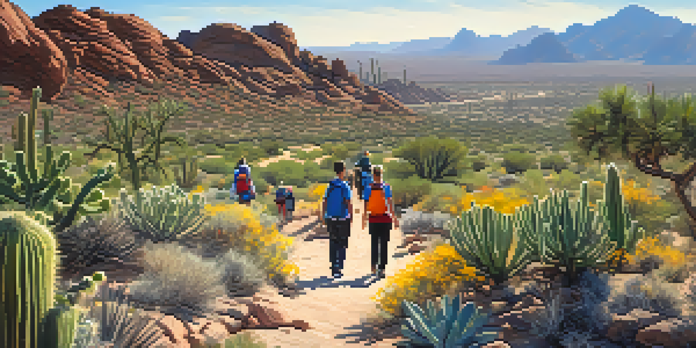 A group of diverse hikers walking on a rocky trail in Phoenix, surrounded by desert flora and under a clear blue sky.