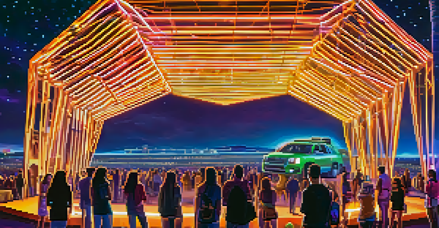 Interactive art installation at the Phoenix Lights festival with glowing sculptures and attendees enjoying the music.