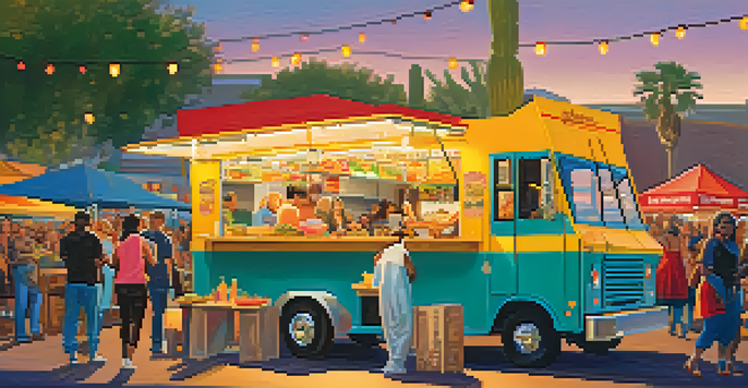 A lively outdoor food truck festival in Phoenix with diverse people enjoying colorful food trucks and delicious meals under warm sunlight.
