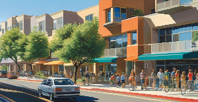 A lively urban scene in Phoenix with modern multi-family housing, diverse people walking and biking, and lush greenery.