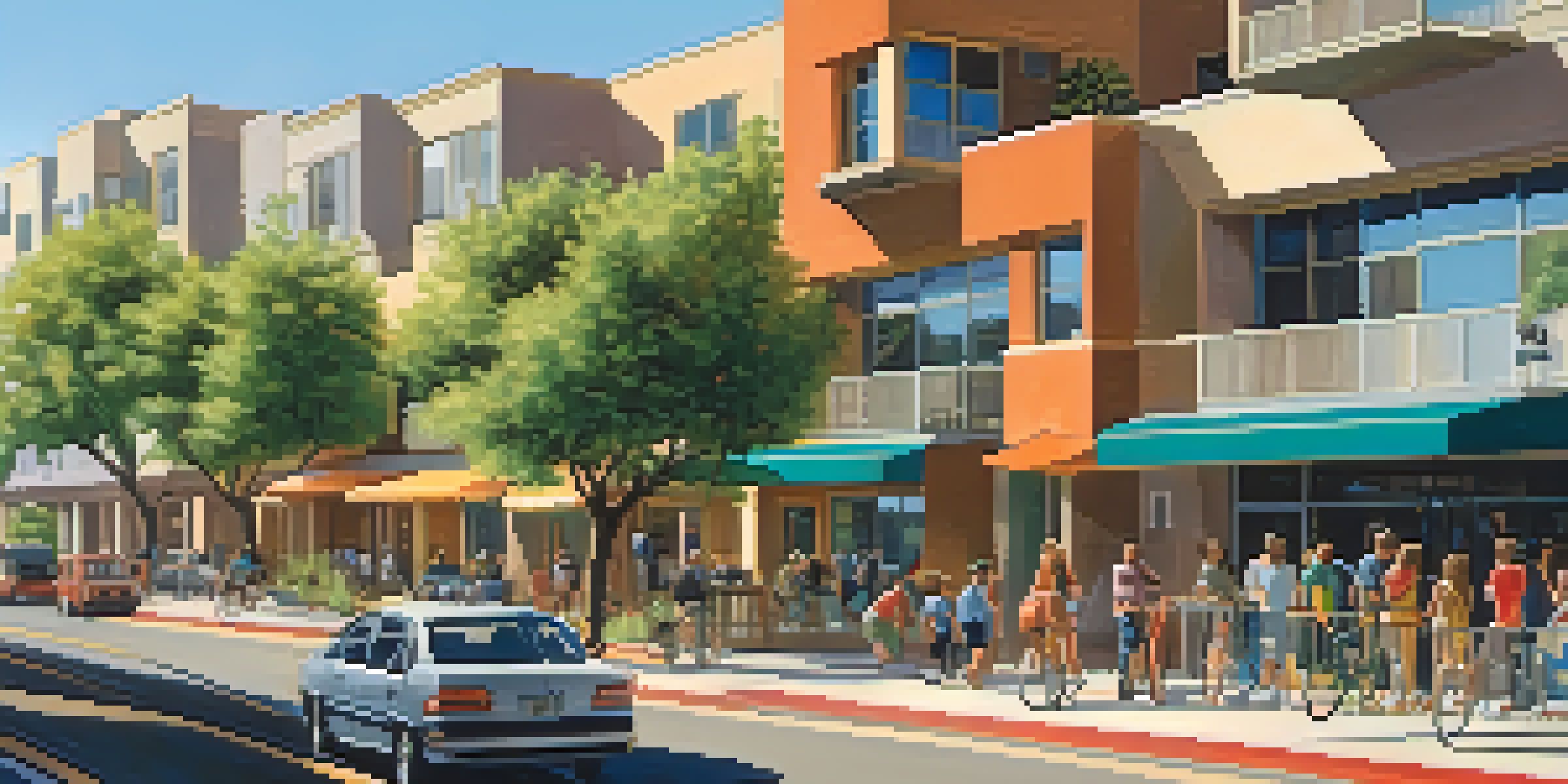 A lively urban scene in Phoenix with modern multi-family housing, diverse people walking and biking, and lush greenery.