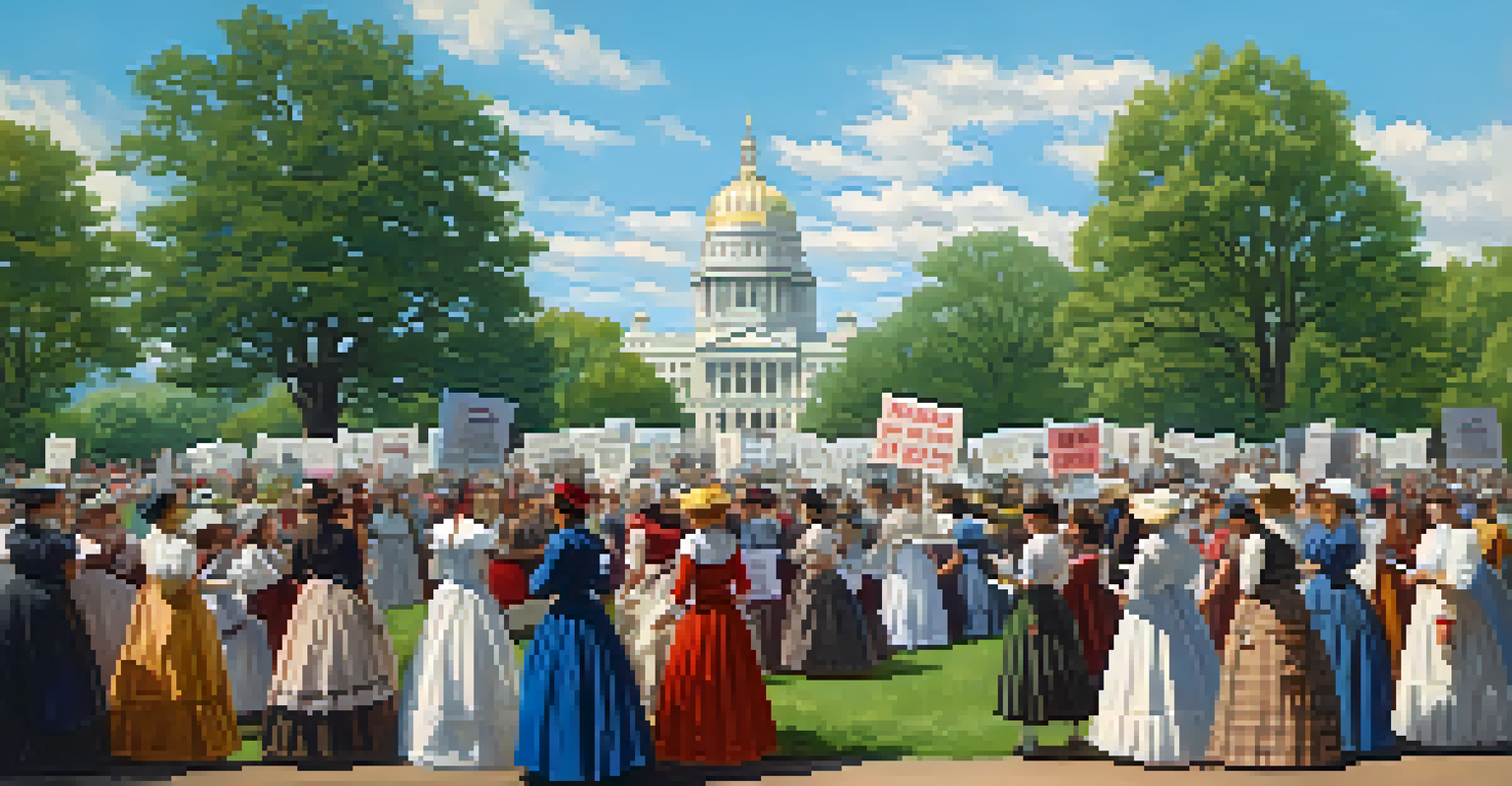 A lively outdoor rally with women advocating for education, surrounded by trees and blue skies.