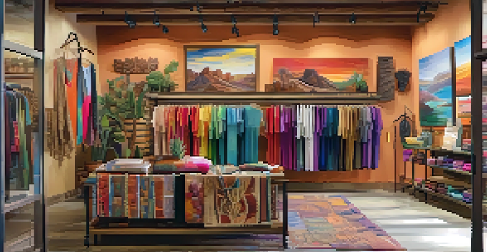 A boutique in Phoenix displaying colorful handmade clothing and local artwork, with shoppers browsing inside.
