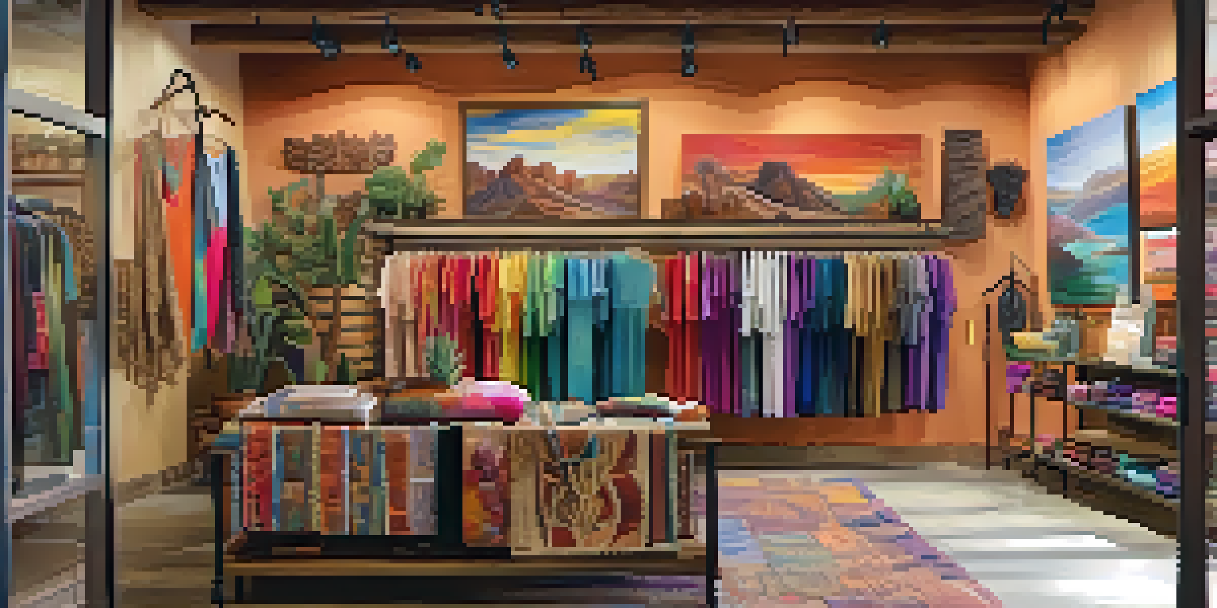 A boutique in Phoenix displaying colorful handmade clothing and local artwork, with shoppers browsing inside.