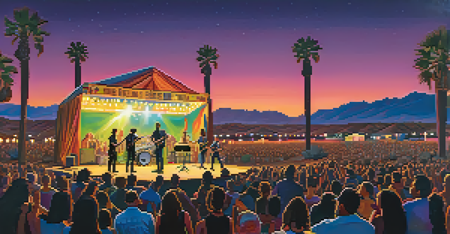 A local band performing at a music festival in Phoenix with an engaged audience and a desert landscape in the background.