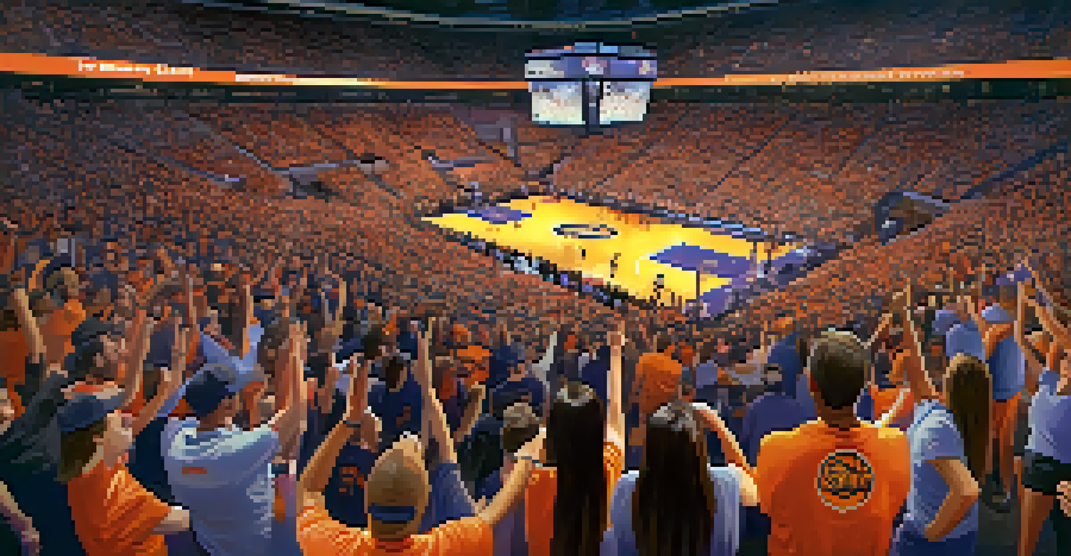 A lively crowd of fans cheering at a Phoenix Suns basketball game.