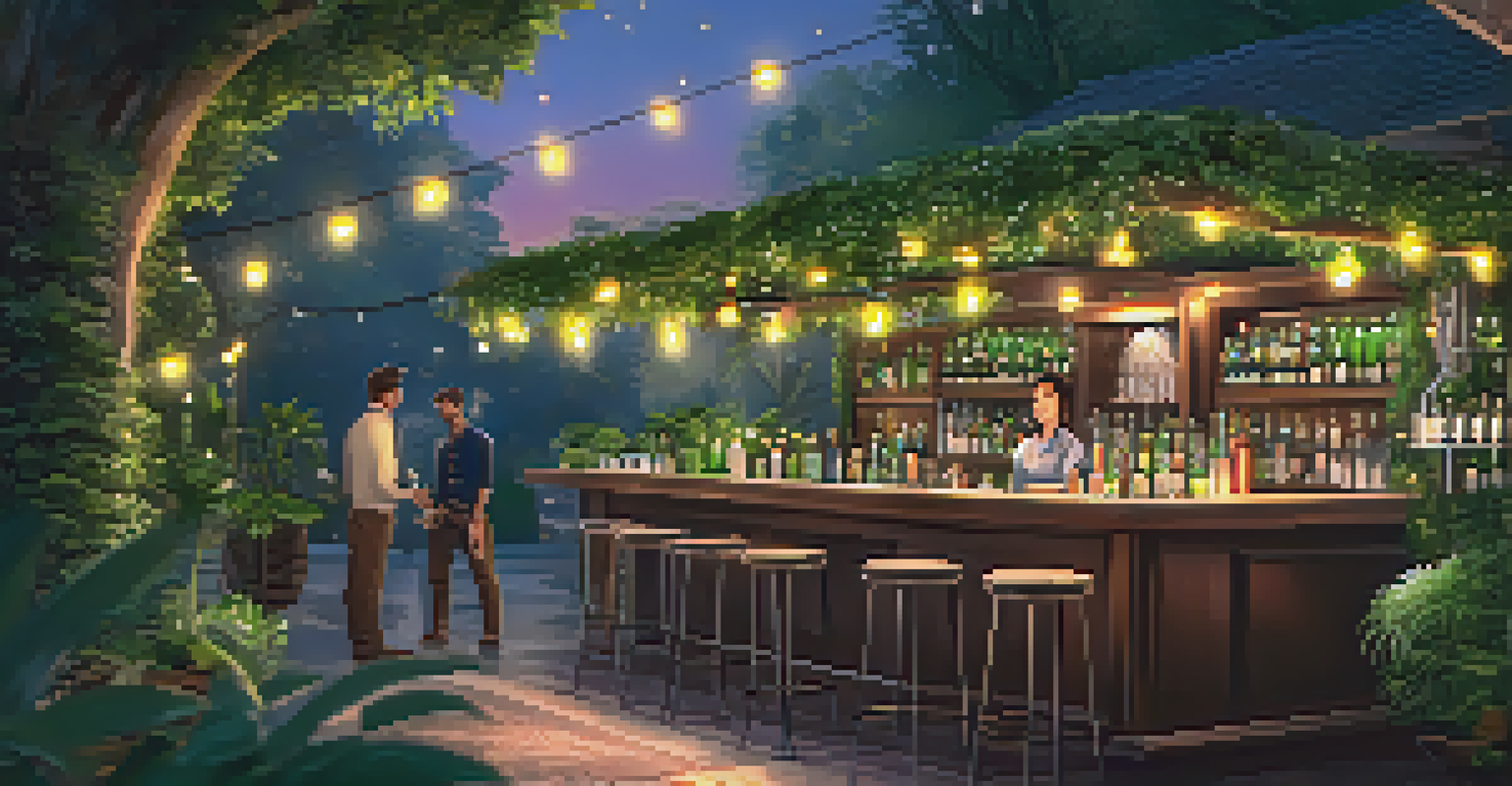A tranquil garden bar with greenery and twinkling lights where a bartender prepares a cocktail.