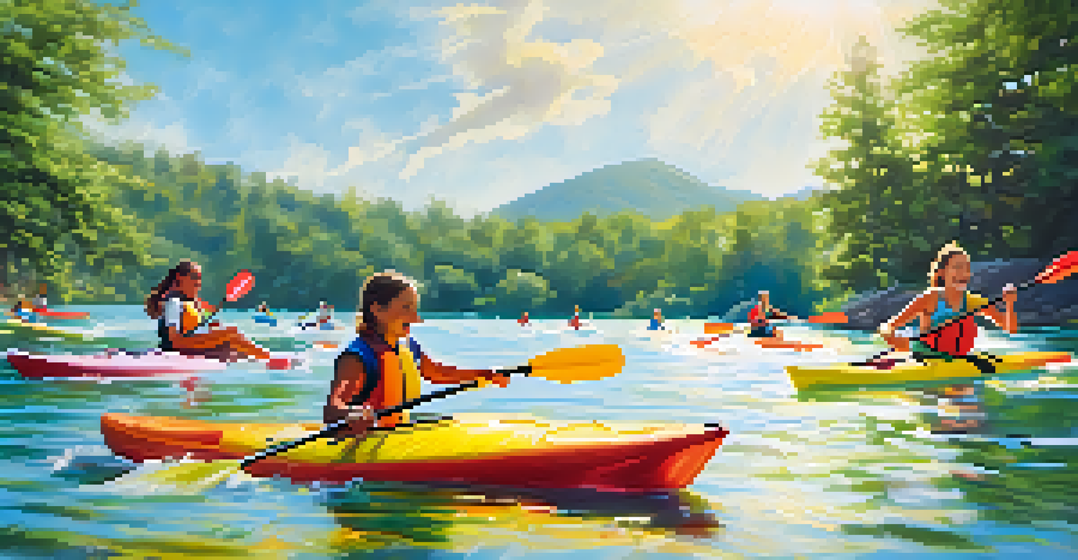 Friends enjoying water sports at a lake, kayaking and paddleboarding under the sun.