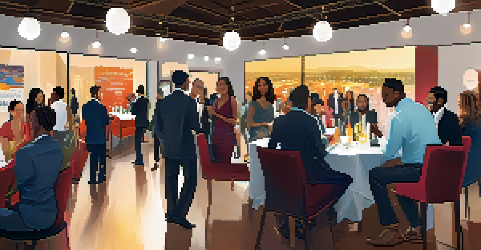 A networking event in Phoenix featuring diverse entrepreneurs and investors mingling in an elegantly decorated venue with soft lighting and colorful banners.