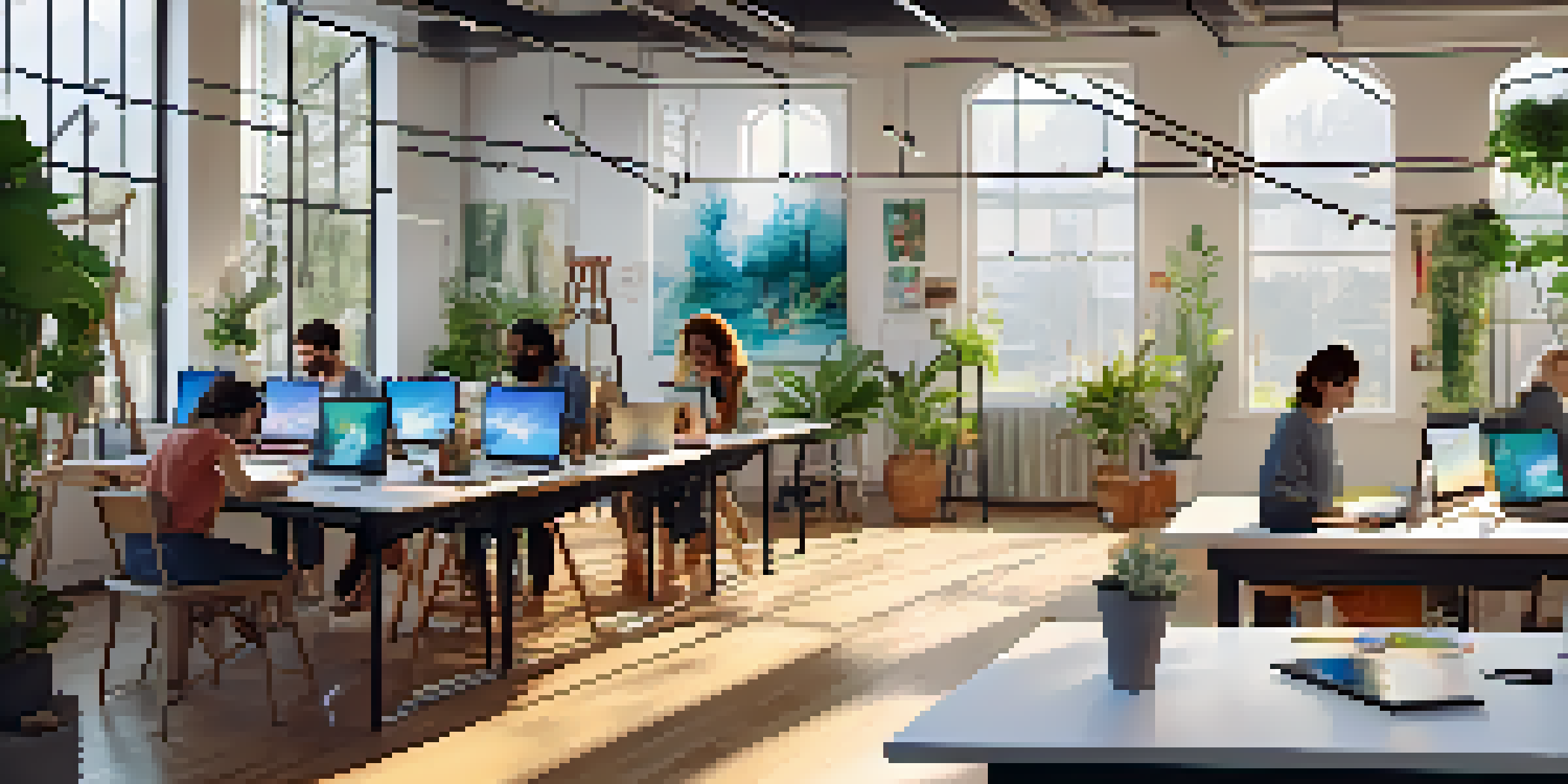 A bright digital art workshop with beginners of diverse backgrounds working on laptops and tablets, surrounded by colorful artwork and plants.