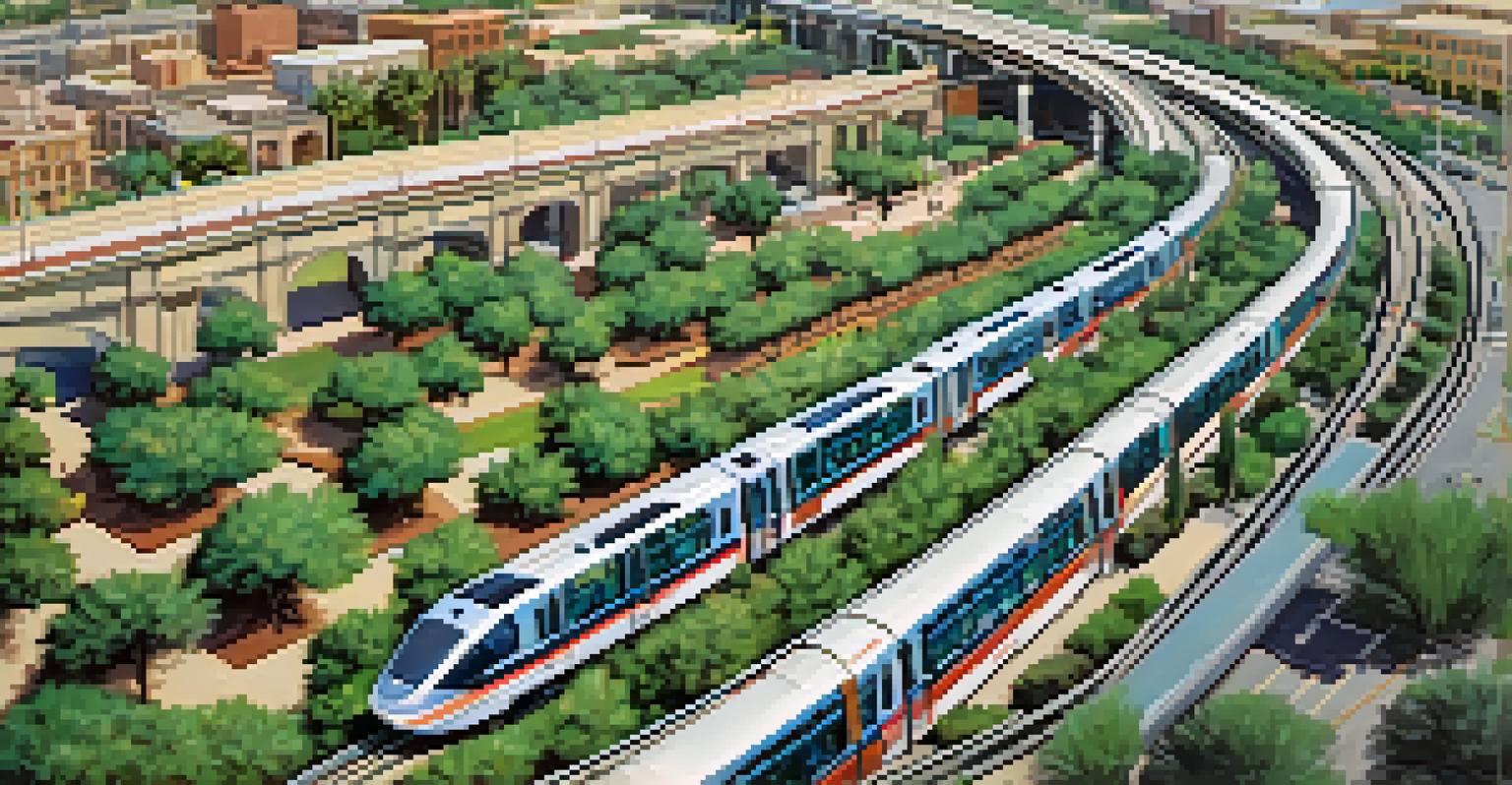 Aerial view of Phoenix featuring the light rail system, surrounded by urban development and green parks.